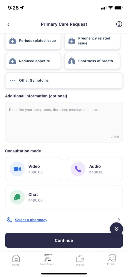 Primary Care Request: choose symptoms and a video, audio or chat consultation mode