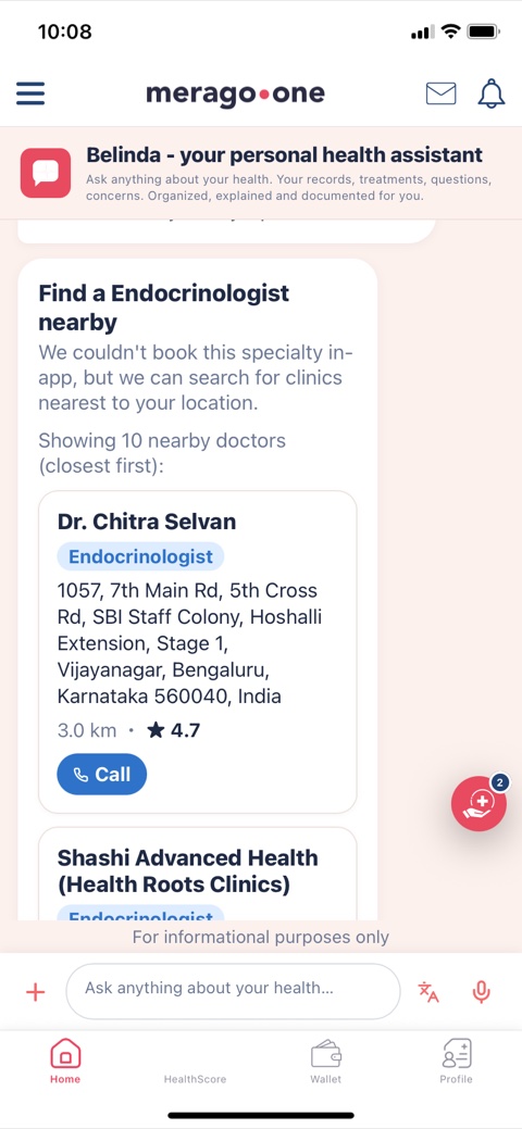 Belinda lists endocrinologists nearby with distance, ratings and a one-tap call button