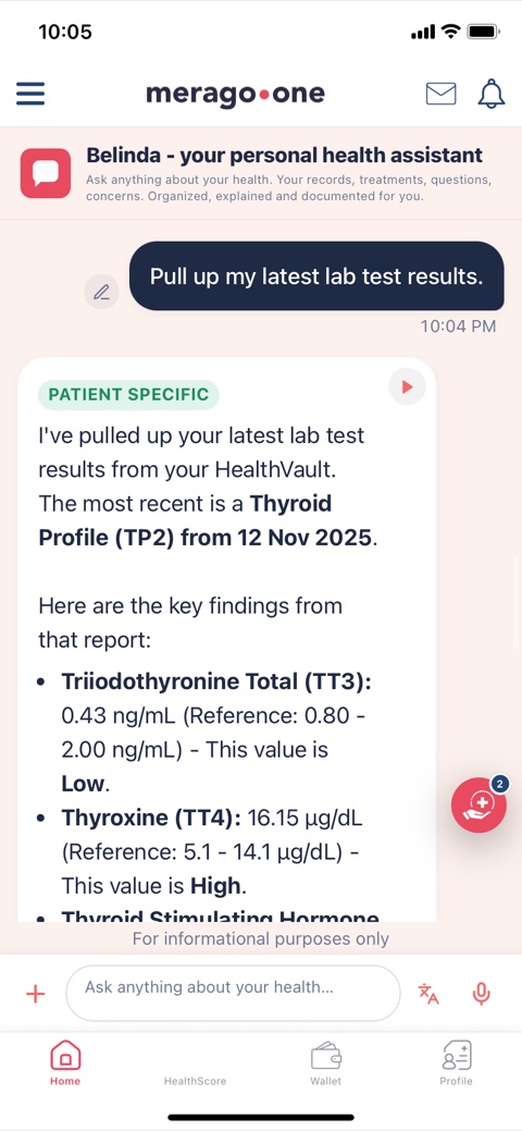 Belinda pulls the most recent Thyroid Profile from HealthVault and explains the key findings