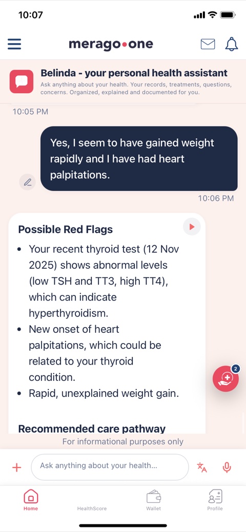 Belinda lists possible red flags linking abnormal thyroid levels, palpitations and weight gain to hyperthyroidism