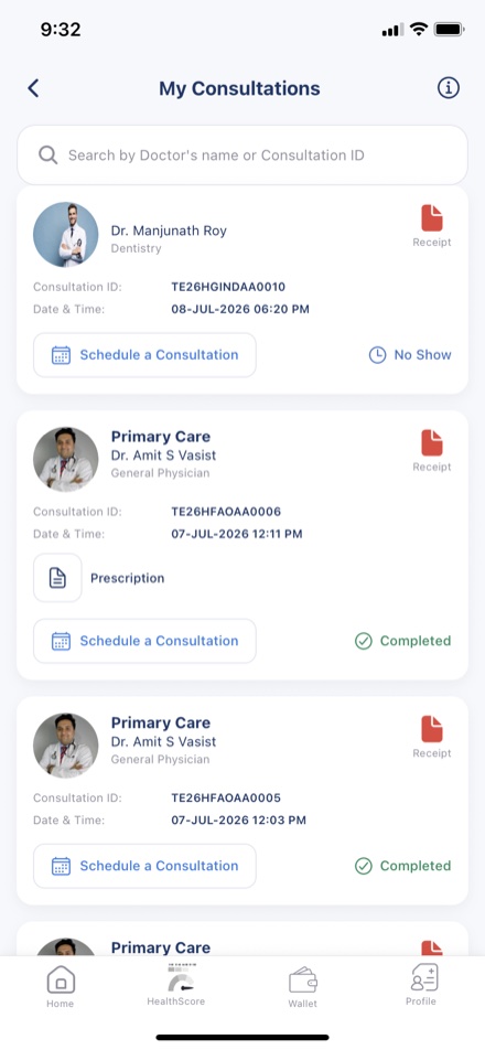 My Consultations: past and upcoming visits with receipts, prescriptions and status