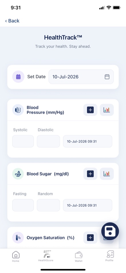 HealthTrack: log blood pressure, blood sugar and oxygen saturation over time