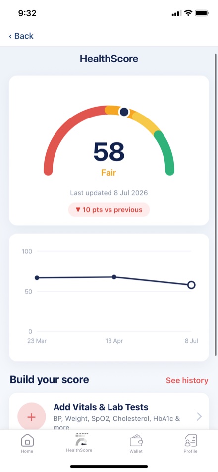 HealthScore screen: a colour-coded score gauge reading 58 Fair, a trend chart and Add Vitals prompt