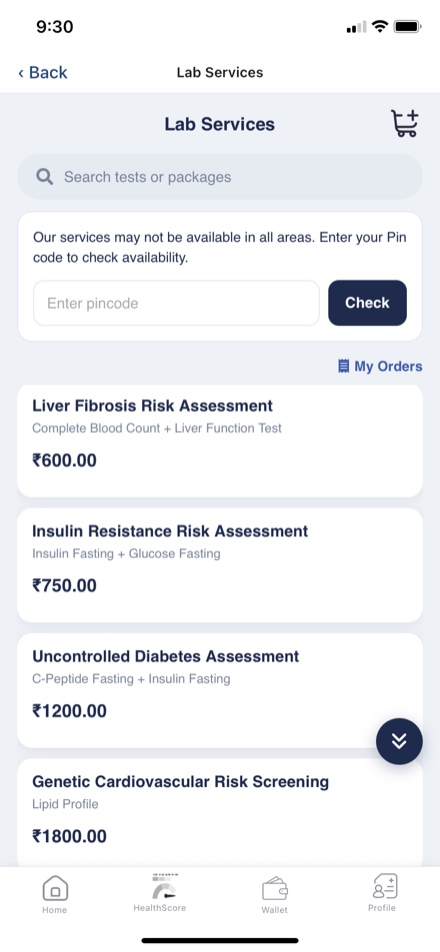 Lab Services: search test packages with transparent pricing and add them to a cart