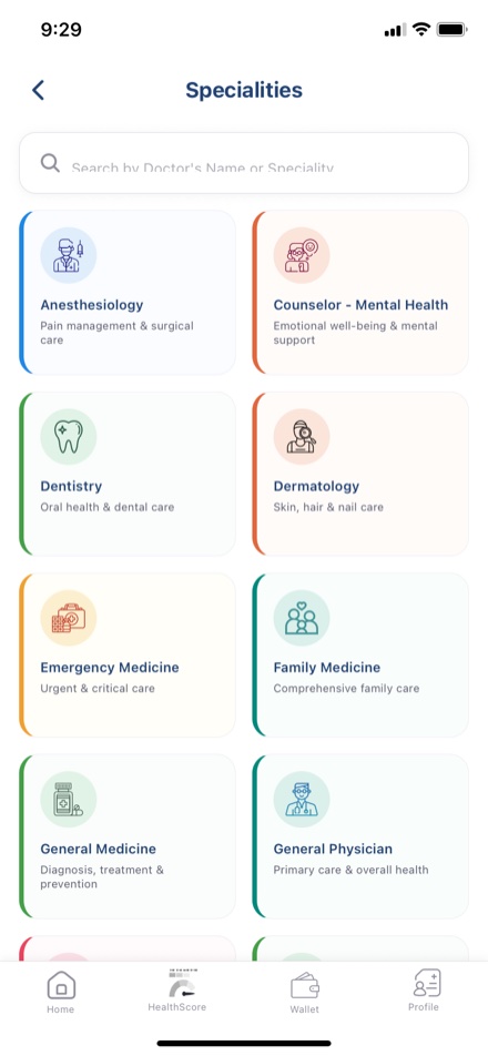 Specialities screen: browse care categories from dermatology to family medicine